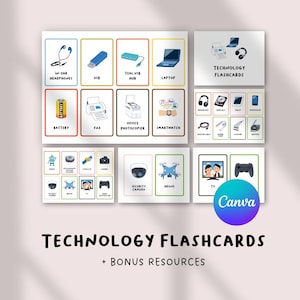 Puede incluir: Un conjunto de tarjetas didácticas de tecnología con ilustraciones de varios elementos tecnológicos como auriculares, ordenadores portátiles y baterías. Las tarjetas están dispuestas en una cuadrícula, con el título "TECHNOLOGY FLASHCARDS" en la parte inferior. El logotipo de Canva es visible.