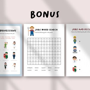 Op de afbeelding: Drie educatieve werkbladen met de titels BONUS, JOBS AND PROFESSIONS, JOBS WORD SEARCH en JOBS AND OCCUPATIONS. De pagina's bevatten kleurrijke illustraties van diverse beroepen, een woordzoeker en oefeningen om zaken te koppelen.