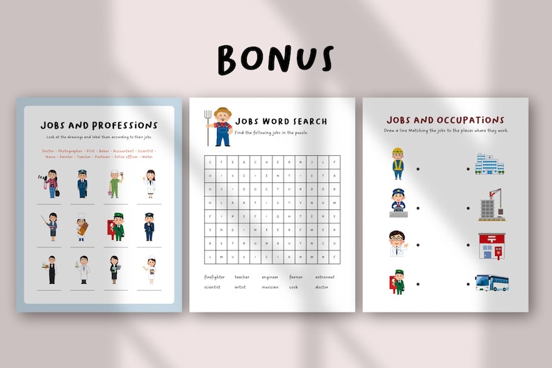 Op de afbeelding: Drie educatieve werkbladen met de titels BONUS, JOBS AND PROFESSIONS, JOBS WORD SEARCH en JOBS AND OCCUPATIONS. De pagina's bevatten kleurrijke illustraties van diverse beroepen, een woordzoeker en oefeningen om zaken te koppelen.