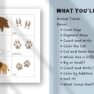 May include: Educational printable featuring animal illustrations and tracks, including a boar, arctic fox, and lion. The text "WHAT YOU'LL GET" lists bonus activities like mazes and coloring pages, perfect for learning.