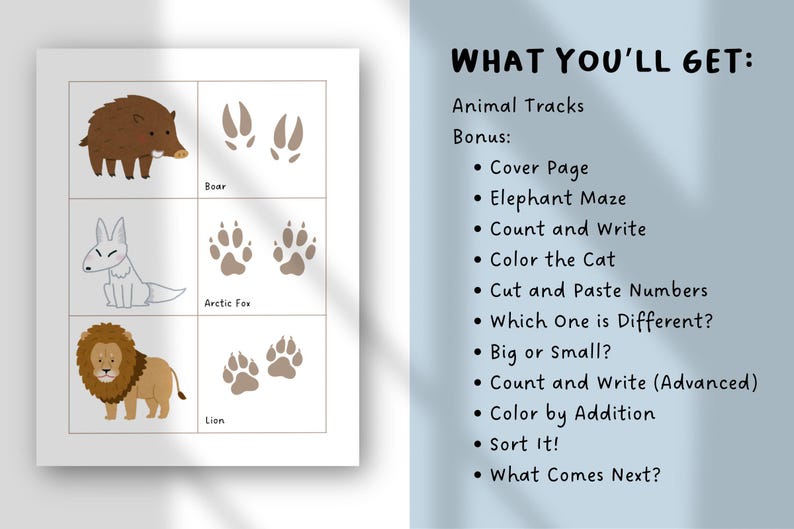 May include: Educational printable featuring animal illustrations and tracks, including a boar, arctic fox, and lion. The text "WHAT YOU'LL GET" lists bonus activities like mazes and coloring pages, perfect for learning.