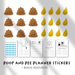 May include: A collection of planner stickers featuring brown smiling poop emojis and yellow smiling pee drop emojis. The image also includes small planner pages with various designs and the text "POOP AND PEE PLANNER STICKERS + BONUS RESOURCES."