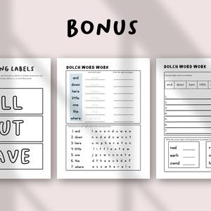 May include: Black and white educational worksheets with the word "BONUS" at the top. The worksheets include coloring labels with the words "ALL", "BUT", and "HAVE". Other worksheets focus on Dolch word work.