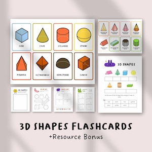 May include: Educational flashcards and worksheets featuring 3D shapes like cubes, cones, and spheres. The cards are colorful and labeled with the shape names. Includes a bonus resource. The text "3D SHAPES FLASHCARDS + Resource Bonus" is visible.