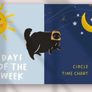 May include: A rectangular chart divided into a light blue day section with a yellow sun and a dark blue night section with a yellow crescent moon and stars. A black cat with a piece of bread around its face is centered. Text reads DAYS OF THE WEEK and CIRCLE TIME CHART.