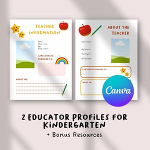 May include: Two-page educator profile templates for kindergarten teachers. The pages feature illustrations of an apple, rainbow, and stars. Text includes "Teacher Information" and "About the Teacher". The Canva logo is visible.