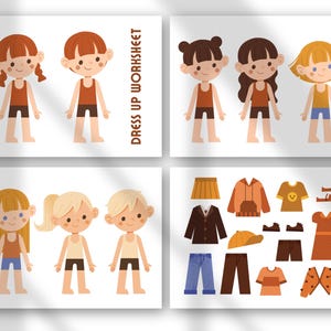 May include: Four illustrated cards featuring paper dolls and clothing. The dolls have various hairstyles and skin tones. The clothing includes skirts, jackets, shirts, pants, shoes, and a dress. The text "DRESS UP WORKSHEET" is printed on the cards.