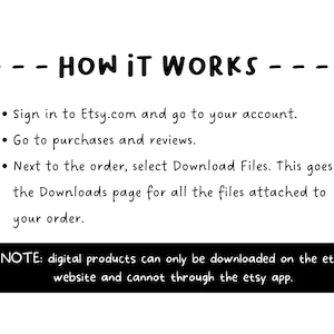 May include: Instructions on how to download digital products purchased on Etsy.com. The text explains that digital products can only be downloaded on the Etsy website and not through the Etsy app.