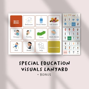 Op de afbeelding: Een set visuele communicatiekaarten voor het speciaal onderwijs met een raster van iconen voor basisbehoeften zoals toilet, water, snack, honger, dorst, tissue, handen wassen, rust, pauze en hulp, inclusief extra vellen met kleine iconen.
