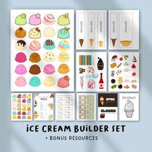 May include: An ice cream builder set with various illustrated ice cream scoops, cones, toppings, and menu templates. The set includes the text "ICE CREAM BUILDER SET + BONUS RESOURCES". The illustrations are colorful and cartoon-like.