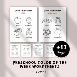 Op de afbeelding: Werkbladen voor kleuters over de kleur van de week. Ze bevatten zwart-wit lijntekeningen van objecten zoals appels, aardbeien, wortelen en pompoenen. De tekst "COLOR THE PICTURES" en de kleurnamen worden weergegeven.