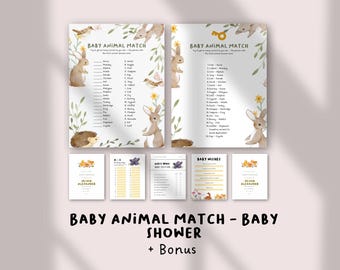 Gra dopasowująca „Zwierzęta dla dzieci” do wydrukowania – leśna aktywność na baby shower, motyw zieleni, quiz „Nazwij zwierzę dla dziecka”, neutralna pod względem płci