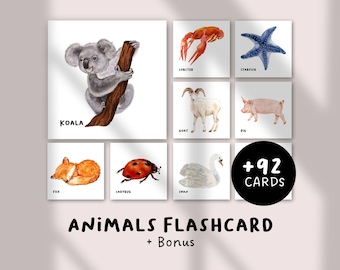 幼児・未就学児向け印刷可能な動物フラッシュカード - ベビー学習カード、PDF動物カードセット、モンテッソーリ教育フラッシュカード