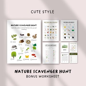 May include: A set of printable nature-themed worksheets for kids. The worksheets include a nature scavenger hunt, a nature walk bingo game, and a natural resources activity. The worksheets are in a cute style with colorful illustrations.