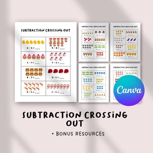 May include: A set of educational worksheets titled "SUBTRACTION CROSSING OUT" with colorful illustrations of cupcakes, bears, and other objects. The worksheets are designed for early math practice, with subtraction problems and visual aids. The Canva logo is visible.