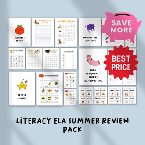 May include: A collection of educational worksheets for literacy and ELA summer review. The pages feature colorful illustrations and text, including alphabet tracing, letter matching, and high-frequency word practice. A pink piggy bank graphic and a red "BEST PRICE" badge are also visible.