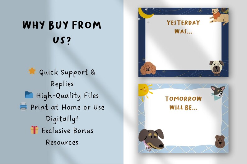 May include: Two rectangular educational cards featuring dog illustrations. The top card says YESTERDAY WAS... with a dark blue border, moon, and stars. The bottom card says TOMORROW WILL BE... with a light blue grid border and a yellow sun.