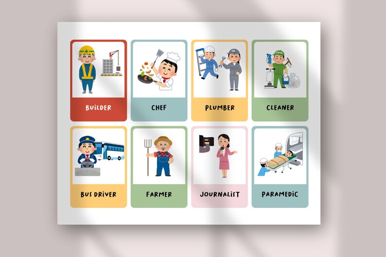 Op de afbeelding: Een rechthoekige educatieve poster met acht kleurrijke ge&iuml;llustreerde kaarten die verschillende beroepen weergeven. Elke kaart toont een figuur in uniform of werkkleding met de labels: Builder, Chef, Plumber, Cleaner, Bus Driver, Farmer, Journalist en Paramedic.
