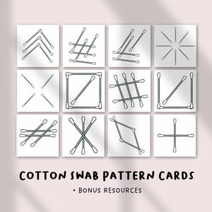 May include: A collection of twelve square cards featuring black and white cotton swab patterns. The arrangements include geometric shapes and designs. The text "COTTON SWAB PATTERN CARDS + BONUS RESOURCES" is at the bottom.