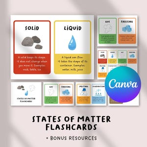 Flashcards sur les États de la matière | Solide Liquide Gaz | Chimie Science imprimable | Cartes Changement de phase | Élémentaire STEM | Ressource