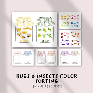 以下が含まれることがあります： 昆虫の色分けアクティビティのイラスト。画像には、色でラベル付けされた瓶が描かれており、それぞれにさまざまな昆虫が入っています。「BUGS & INSECTS COLOR SORTING + BONUS RESOURCES」というテキストが下にあります。