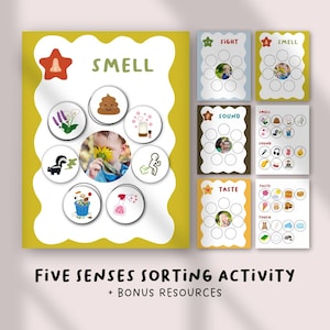 Puede incluir: Conjunto de actividades educativas para niños. La imagen muestra una "Actividad de clasificación de los cinco sentidos" con recursos adicionales. La tarjeta principal presenta la palabra "SMELL" e imágenes relacionadas. Tarjetas adicionales se enfocan en la vista, el sonido, el gusto y el tacto.