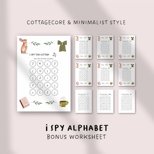 Ich spioniere Alphabet zum Ausdrucken aus - Cottagecore Arbeitsblätter zur Buchstabenerkennung, Minimalistische Vorschulaktivität, Alphabetübungen von A bis Z für Kinder