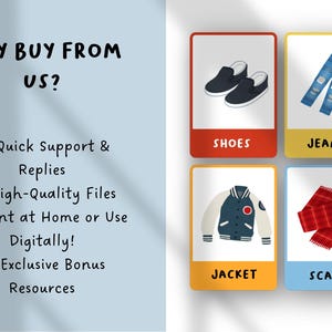 May include: A digital graphic with the text WHY BUY FROM US? followed by Quick Support & Replies, High-Quality Files, Print at Home or Use Digitally!, and Exclusive Bonus Resources. It displays cards for shoes, jeans, a jacket, and a scarf.