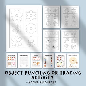 Op de afbeelding: Printbare activiteitenvellen voor kinderen, met omtrekken van bloemen, robots, fruit, groenten en lente-thema puzzels. De tekst onderaan luidt "OBJECT PUNCHING OR TRACING ACTIVITY + BONUS RESOURCES".