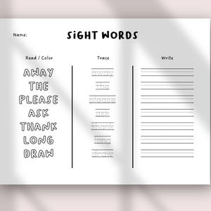 May include: A white worksheet with the title "SIGHT WORDS" in black text. The worksheet has sections for reading, tracing, and writing sight words. The sight words include "AWAY", "THE", "PLEASE", "ASK", "THANK", "LONG", and "DRAW".