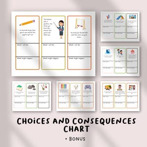 May include: A set of educational charts titled "Choices and Consequences Chart + Bonus". The charts feature illustrations and prompts for children, including scenarios with pencils, teachers, and playground equipment. The charts are designed to help children understand the consequences of their choices.