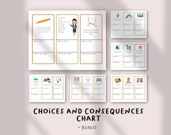 May include: A set of colorful educational charts titled "Choices and Consequences Chart + Bonus". The charts feature illustrations and prompts for children, including scenarios with pencils, teachers, and playground equipment. The charts are designed to help children understand the consequences of their choices.