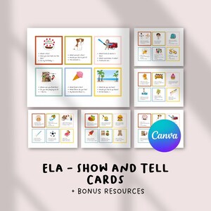 May include: Educational ELA Show and Tell Cards with bonus resources. The cards feature colorful illustrations and prompts for various topics, including a birthday cake, a dog, and an ice cream cone. The Canva logo is visible.