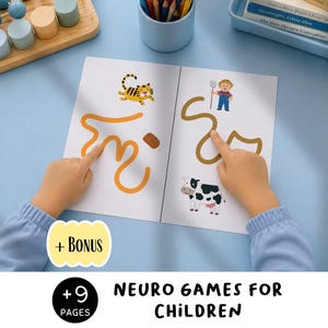 May include: An educational activity book with nine pages of neuro games for children. The open pages feature a tiger, a farmer with a pitchfork, and a cow, with orange and brown winding paths to trace. A yellow badge reads + BONUS.