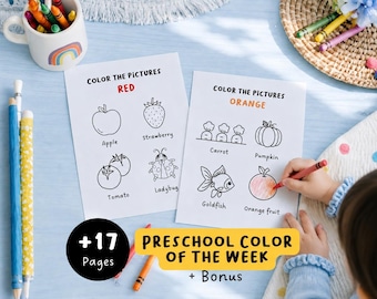May include: Two white activity sheets titled Color the Pictures Red and Color the Pictures Orange, featuring line art of an apple, strawberry, tomato, ladybug, carrot, pumpkin, goldfish, and orange fruit, with a black circle stating +17 Pages + Bonus.