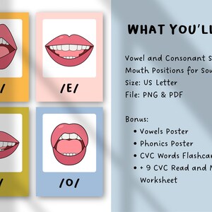 K&ouml;nnte beinhalten: Lehrkarten mit Abbildungen von Mundstellungen f&uuml;r Vokallaute, jeweils mit phonetischen Symbolen versehen. Das Bild enth&auml;lt den Text "WHAT YOU'LL GET: Vowel and Consonant Sounds - Mouth Positions for Sound Wall". Bonusmaterialien sind Poster und Karteikarten.
