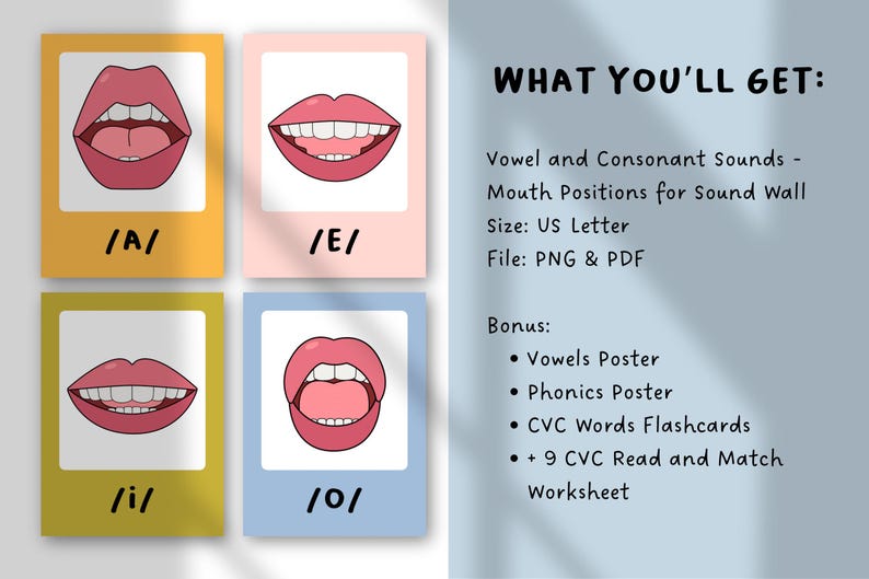 K&ouml;nnte beinhalten: Lehrkarten mit Abbildungen von Mundstellungen f&uuml;r Vokallaute, jeweils mit phonetischen Symbolen versehen. Das Bild enth&auml;lt den Text "WHAT YOU'LL GET: Vowel and Consonant Sounds - Mouth Positions for Sound Wall". Bonusmaterialien sind Poster und Karteikarten.