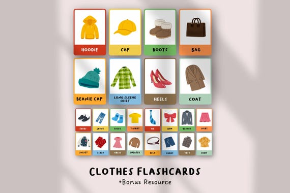 Clothes Flashcards for Kids | ESL Vocabulary Cards | Clothing & Seasons Printable | English Learning Activity for Preschool Kindergarten