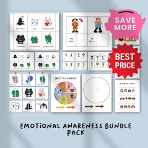 May include: An emotional awareness bundle pack with illustrated cards and a wheel. The cards feature cartoon animals expressing emotions like confusion and affection. The text "SAVE MORE" is in a pink piggy bank, and "BEST PRICE" is on a red star.