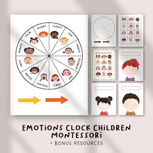May include: Educational set featuring an emotions clock with faces representing feelings like happy, sad, and angry. Includes additional charts and illustrations for children. The text at the bottom reads "EMOTIONS CLOCK CHILDREN MONTESSORI + BONUS RESOURCES".