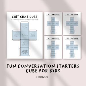 May include: A set of conversation starter cubes for kids, with the text "CHIT CHAT CUBE" and prompts like "What's your favorite ice cream flavor?" and "If you had a robot, what would it do?" The image also includes the text "FUN CONVERSATION STARTERS CUBE FOR KIDS + BONUS."