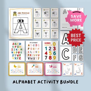 May include: A collection of educational alphabet and number activity sheets. Includes an ABC puzzle, letter tracing cards, number formation cards, and coloring pages. The text "ALPHABET ACTIVITY BUNDLE" is at the bottom.