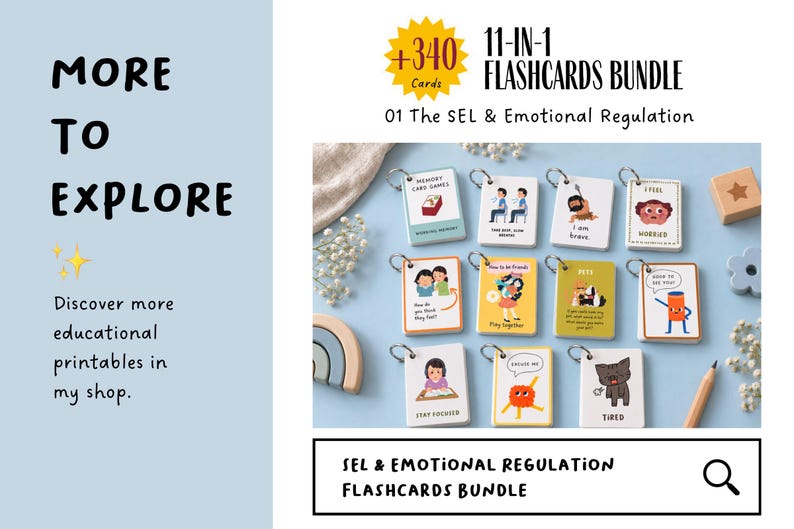 May include: A 340-card 11-in-1 flashcards bundle titled 01 The SEL & Emotional Regulation. The set includes small rectangular cards on metal rings featuring colorful illustrations of characters and text like I feel worried, I am brave, and tired.