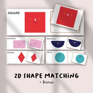 Może przedstawiać: Gra edukacyjna polegająca na dopasowywaniu kształtów 2D z czerwonym kwadratem, różowym prostokątem, niebieskim półokręgiem, rombem i okręgiem. Tekst "2D SHAPE MATCHING + Bonus" znajduje się na dole obrazu.