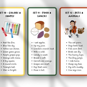 May include: Three educational flashcards with colorful borders. The first card, labeled "COLORS & SHAPES," features crayons and descriptive sentences. The second card, "FOOD & SNACKS," shows food items and related sentences. The third card, "PETS & ANIMALS," displays a child playing a cello with animals and sentences.