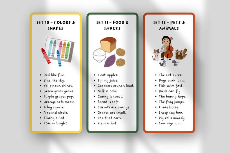 May include: Three educational flashcards with colorful borders. The first card, labeled "COLORS & SHAPES," features crayons and descriptive sentences. The second card, "FOOD & SNACKS," shows food items and related sentences. The third card, "PETS & ANIMALS," displays a child playing a cello with animals and sentences.