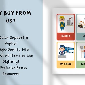 Op de afbeelding: Een digitale educatieve kaart met de tekst Why Buy From Us? gevolgd door een lijst met voordelen zoals snelle ondersteuning, bestanden van hoge kwaliteit en bonusbronnen. Daarnaast staan kleurrijke kaarten met verschillende beroepen zoals bouwvakker, chef en boer.