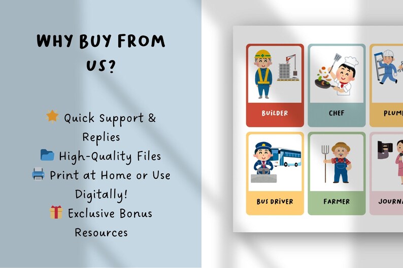 Op de afbeelding: Een digitale educatieve kaart met de tekst Why Buy From Us? gevolgd door een lijst met voordelen zoals snelle ondersteuning, bestanden van hoge kwaliteit en bonusbronnen. Daarnaast staan kleurrijke kaarten met verschillende beroepen zoals bouwvakker, chef en boer.