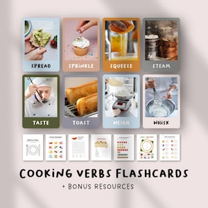 Flashcards de Verbos Culinários para Crianças | Cartões de Vocabulário de Alimentos e Cozinha para Imprimir | Atividade Culinária em Inglês como Segunda Língua | Planilhas Divertidas de Alimentos | Download em PDF