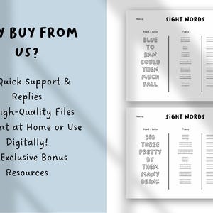 May include: Two white printable worksheets with sight words for children. The worksheets have the words "BLUE", "TO", "RAN", "COULD", "THEN", "MUCH", and "FALL" listed. The worksheets also have the words "BIG", "THREE", "PRETTY", "BY", "THEM", "MANY", and "DRINK".
